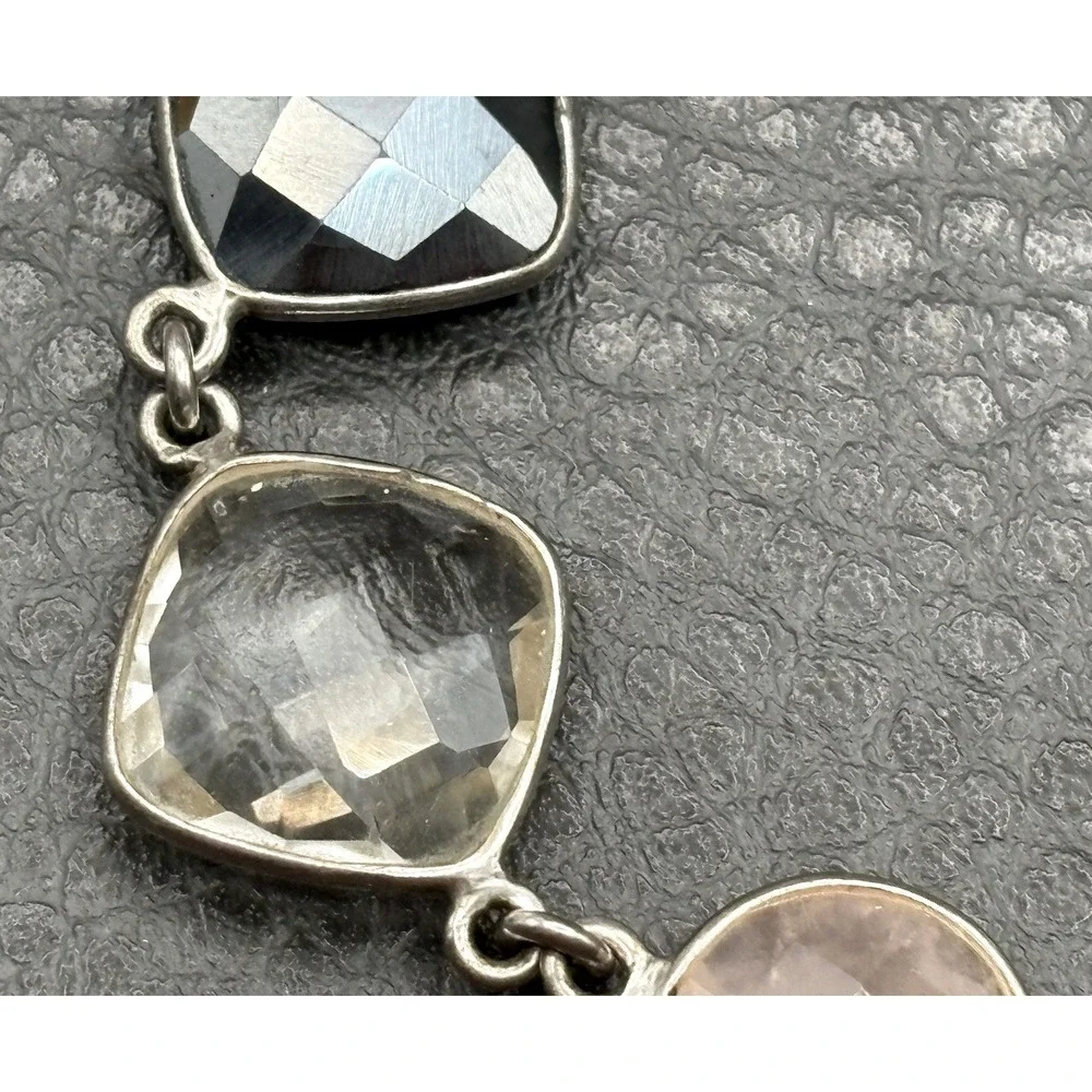 Vintage Sterling Silver 925 Faceted Gemstone Bracelet Rutilated and Rose Quartz
